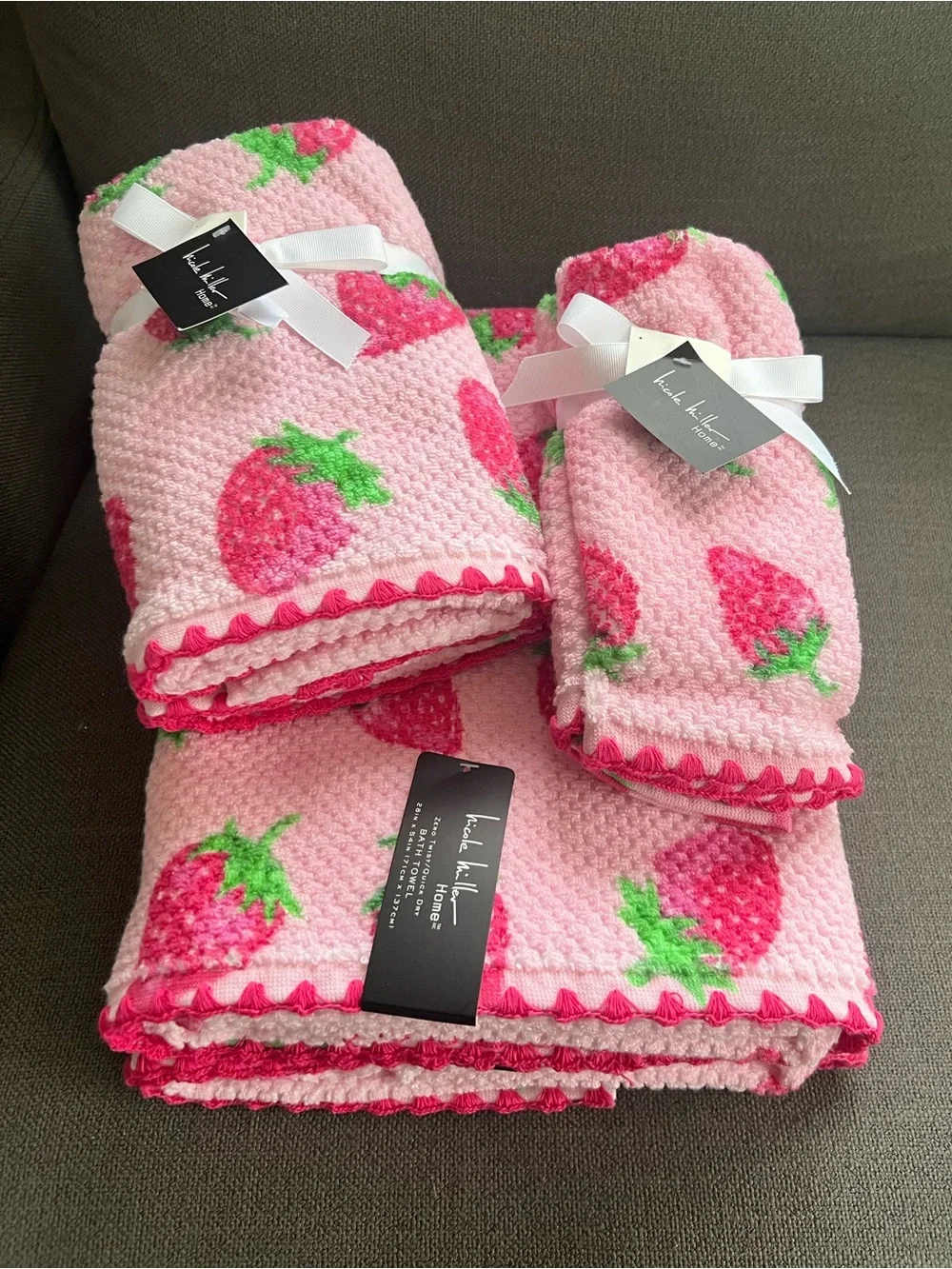 6pc Nicole Miller Pink Strawberry Bath Towel Set Hand Fingertip Textured Summer